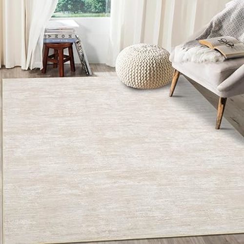 Area Rug 5x7 Machine Washable Area Rug for Living Room Non-Slip Stain Resistant Modern Abstract Area Rug Contemporary Solid Throw Rug Foldable Accent Floor Carpet for Dining Room, Beige
