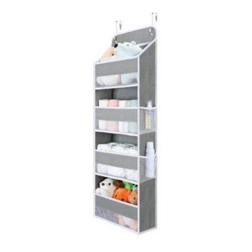 4 tier Hanging Door Organizer, Delamu Bathroom Door Storage with 4 Mesh Pockets, Over the Door Organizer, Gray