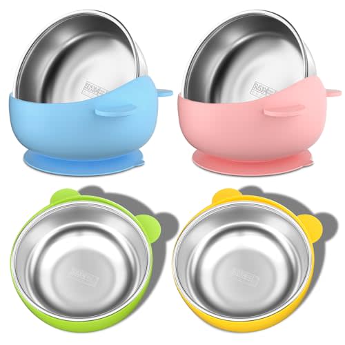 Bakpoco Stainless Steel Baby Bowls with Suction, 2-in-1 SUS304 Toddlers Bowl & Removable Silicone Suction Kids Bowl, Anti Scald Non Toxic Snack Container for Baby Food Feeding, 4 Colors Set