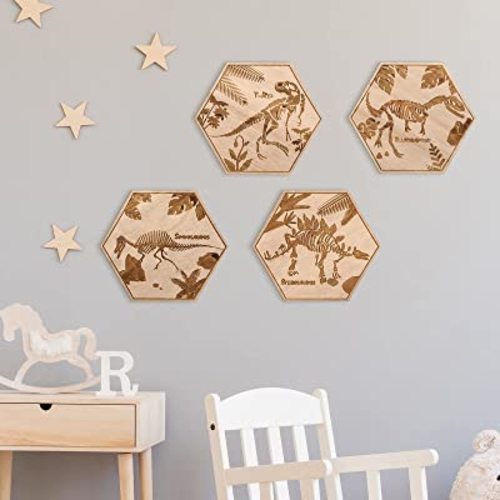 Maitys 4 Pcs S Dinosaur Wall Wooden Decor Art 5.1 x 5.9 Inch Dinosaur Bedroom Decorations Modern Minimalist Design for Boys Nursery Bedroom Playroom Living Room Decorations