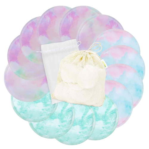 Wegreeco Nursing Pads (14 Pack) + Laundry Bag & Travel Storage Bag, 4.7 inch - Washable & Reusable Breastfeeding Nursing Pads (Watercolors, Large)
