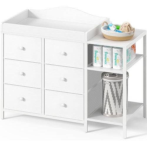 BOLUO Baby Dresser with Changing Table Top, White Changing Table Dresser with 6 Fabric Drawers Diaper Changing Station with Storage Shelf for Nursery Modern