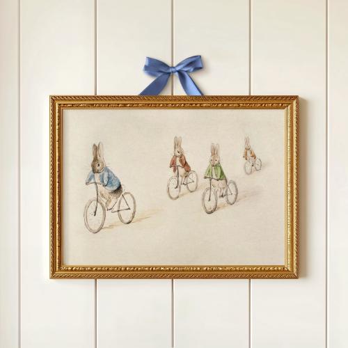Beatrix Potter Poster Print, Antique Illustration Bunnies Riding Bicycles, Vintage Nursery Decor-048P