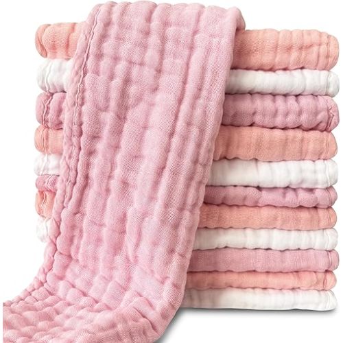Muslin Burp Cloths for Baby 100% Cotton Burping Cloths for Unisex, Boy, Girl - Large 20'' by 10'' Newborn Essentials Ultra Soft Absorbent Milk Spit Up Rags - 12 Pack - White+Light Sakura Series