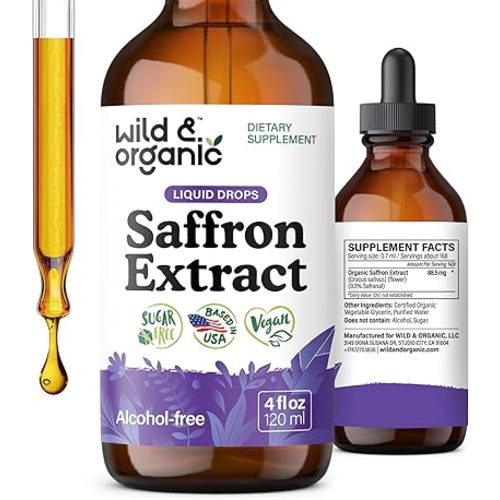 Wild & Organic Saffron Supplements 88.5 mg - Mood, Focus & Eye Support - Saffron Extract Liquid Drops - Add to Tea - 5-Month Supply - Crocus Sativus Herb - Vegan, Sugar & Alcohol-Free Tincture - 4 oz