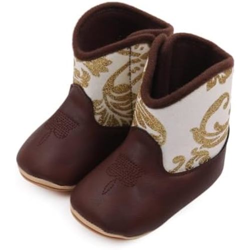 Leather Western Boots Cowboy Bootie Soft Sole Non Slip Crib Shoes for Baby Infant Toddler Girls Boots for Girls Wedges
