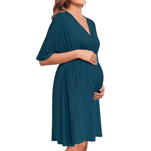SWOMOG Women 3 in 1 Delivery/Labor/Nursing Nightgown Short Sleeve Pleated Maternity Sleepwear for Breastfeeding