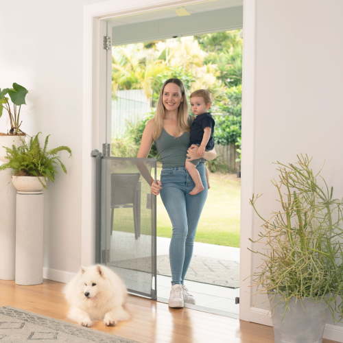 Perma 36 H x 71" W Retractable Baby Gate for 6-24 Months, Manual Tensioning & 3-Way-Locking, Gray