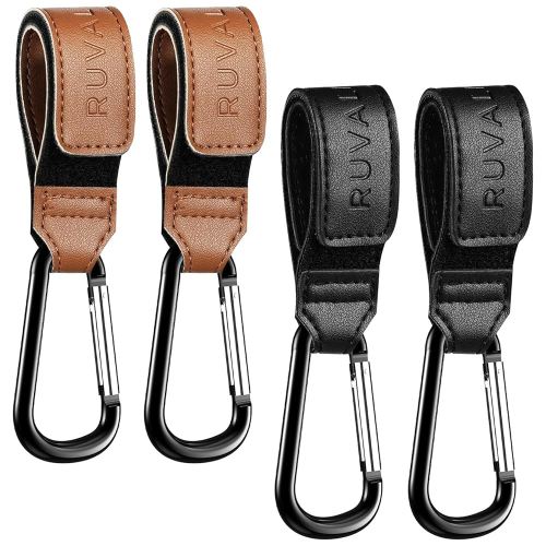 RUVALINO® Leather Stroller Hooks for Diaper Bag and Stroller Organizer - Stroller Strap with Large Carabiner Clip for Bags - Accessories for Wheelchair, Shopping and Pet Cart, Black and Brown, 4 Pack