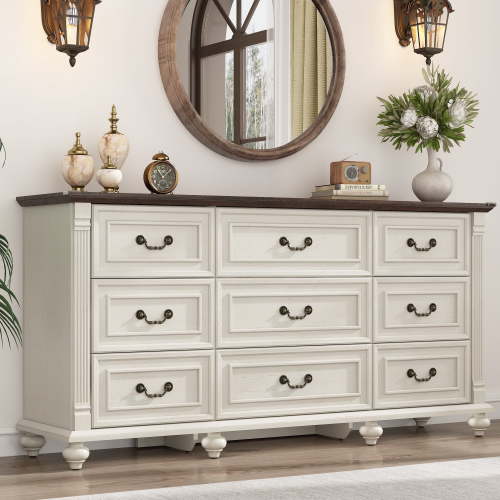 Blotout 9 Drawer Dressers for Bedroom, Farmhouse Dresser with 6 Solid Wood feet, 63" Wide White Dresser Wooden Dresser Rustic Chest of Drawers Long Dresser