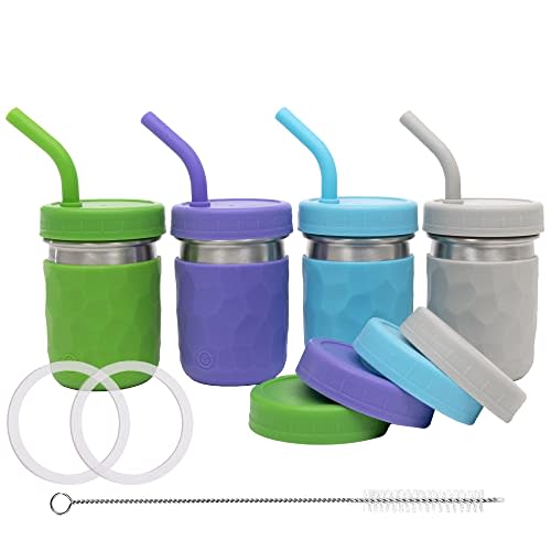 WeeSprout 2-in-1 Drinking Cups for Kids, Durable Stainless Steel Tumbler for Smoothies, Silicone Straws with Stoppers, Premium Plastic Twist Lids, Easy-Grip Sleeves, Set of 4 Dishwasher Safe Kid Cups
