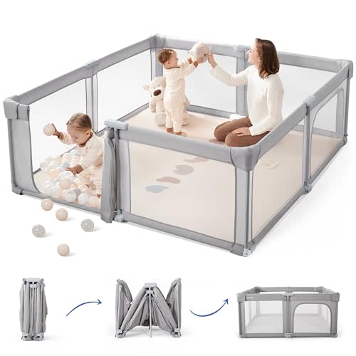 Sweeby Baby Playpen, 59x59 Inch Baby Gate Foldable Playpens for Babies and Toddlers, Extra Large Playpen with Door Play Yard for Baby Fence Indoor and Outdoor Play Pen, Gray