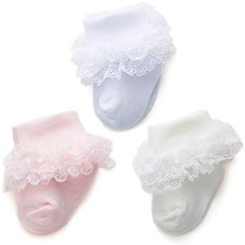Baby Girl Socks Eyelet Triple Lace Ruffle Socks Turn Cuff Socks 2/3/5 Pairs Ankle Dress Sock for Newborn Infant Toddler