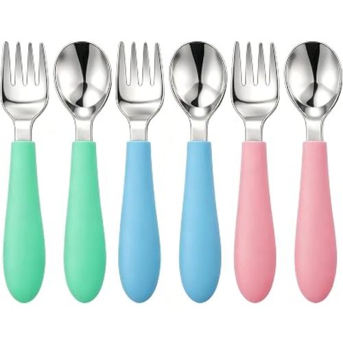 Pimoys 6 Pieces Toddler Utensils, Kids Forks and Spoons with Silicone Handle, Stainless Steel Toddler Silverware Set, Dishwasher Safe