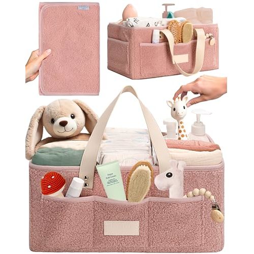 Baby Diaper Caddy Organizer with Portable Changing Mat - Teddy Fleece Diaper Organizer for Changing Table - Baby Basket for Diaper Changing Essentials - Baby Caddy Organizer with Removable Dividers