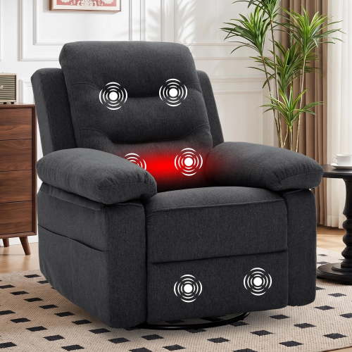 Korser Swivel Rocker Recliner Chair for Adults with Massage and Heat,Glider Rocking Chair for Nursery with Side Pockets Manual Recliners for Living Room,Linene,Black