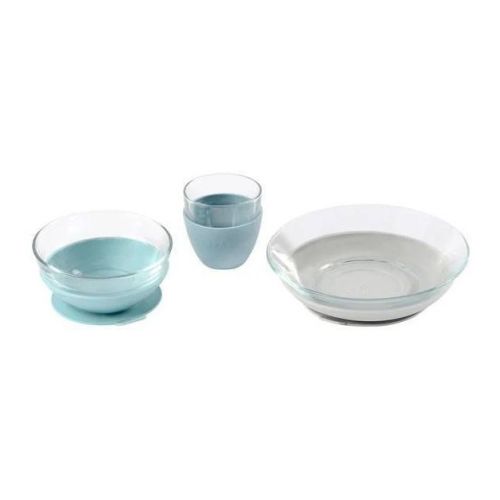 Beaba 3pc Glass Meal Dinnerware Set - Rain Blue: Baby Feeding Set, Solid Pattern