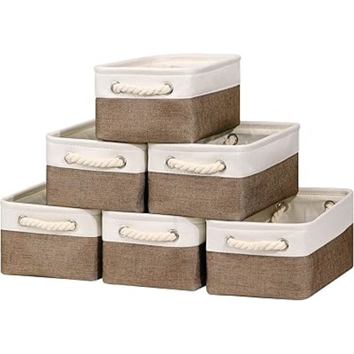 Bidtakay Collapsible Fabric Storage Baskets with Handles for Organizing [6 Pack] Canvas Small Storage Bins Shelf Baskets for Clothes Closet Rectangle Baskets 11.8 X 7.8 X 5 Inches(White&Earthy Brown)