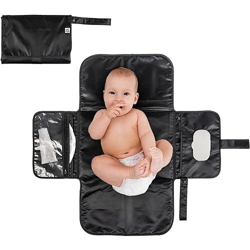 Portable Diaper Changing Pad, Foldable Waterproof Baby Change Pad for Newborn Girl & Boy with Smart Wipes Pocket (Black)
