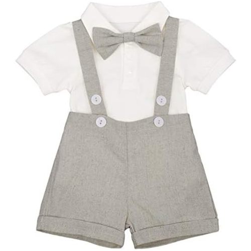 IDOPIP Baby Boys Formal Suit Set Short Sleeve Romper Suspenders Shorts Pants Bowtie Wedding Tuxedo Outfits Cake Smash Clothes