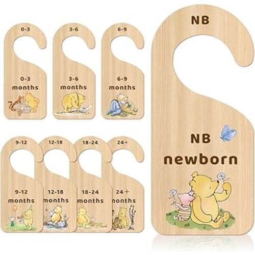 Classic Winnie Baby Closet Dividers, Pooh Bear Double Sided Baby Clothes Organizer for Baby Nursery Decor Wooden Hanger for Newborn Baby Stuff from 0-24+ Months - 8 Pcs