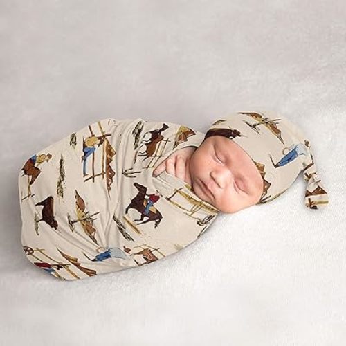 Sweet Jojo Designs Wild West Cowboy Baby Boy Cocoon and Beanie Hat 2pc Set Jersey Stretch Knit Sleeping Bag for Infant Newborn Nursery Sleep Wrap Sack - Red, Blue, Tan Western Southern Country Horse