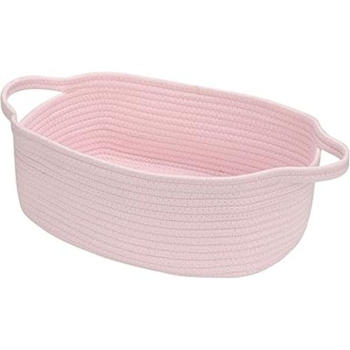 Small Woven Cotton Rope Basket Cute Baby Gift Baskets Empty Decorative Storage Basket for Organizing Shelves Closet Baby Nursery Basket Bin Toy Storage Basket Organizer 13.7"x10.2"x5" Pink