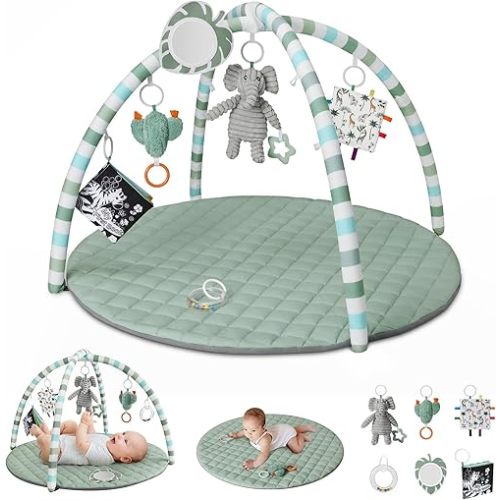 Baby Play Gym Mat, Tummy Time Activity Mat with 6 Detachable Toys for Stage-Based Sensory and Motor Skill Development, Washable Play Mats for Infant, Newborn Baby Essentials, Sage Green