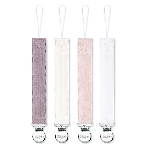 Pacifier Clip for Baby Boy and Girl - Linen Soft Fabric Pacifier Hold with Clip for Binky, Leash Soothie Holder Unisex 4 Pack (Pink)