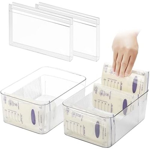 Breastmilk Storage Container with 4 Freezer Flattener Kit to Flatten Standing Breast Milk Bags in Organizer Bins Save Refrigerator Space |Wide Version