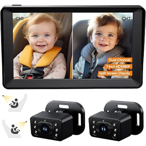 Baby Car Camera for 2Kids-7 Inch IPS Display with Dual Carseat Camera, Split Screen, Night Vision, HD 1080P,150° Wide View & 360° Rotatable- Easy Install Car Mirror Baby Rear Facing Backseat Camera