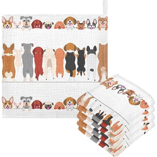 Dog Faces Baby Muslin Washcloths Dog Back Burp Cloths Cute Puppy Soft Absorbent Baby Wash Cloth Fingertip Face Towels for Newborn Boys Girls 12 x 12 in, 3 Pack