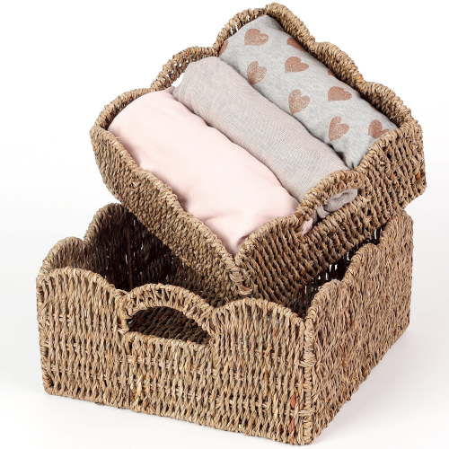 Scalloped Baskets (Natural-Set of 2) Seagrass Basket For Decor, Basket Living Room Organizer, Bathroom, Bedroom, Laundry,... Seagrass Storage Baskets with Built-in Handles.