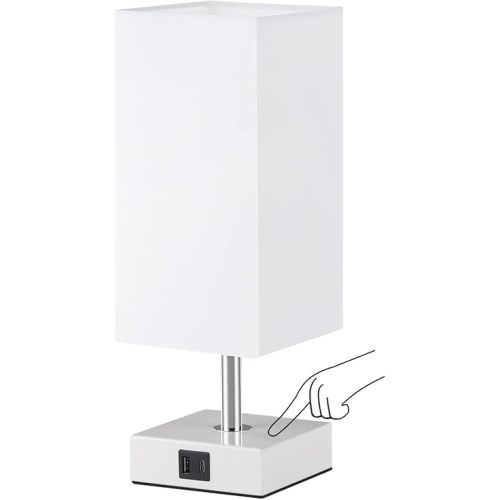 Ambimall White Table Lamp with USB Ports - 3 Way Touch Lamps Beside Desk, Nightstand Lamp for Bedrooms Living Room, White Shade with White Base, LED Bulb Included(White)