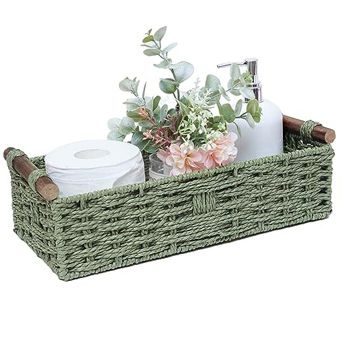 Round Paper Rope Storage Basket Wicker Baskets for Organizing with Handle Decorative Storage Bins for Countertop Toilet Paper Basket for Toilet Tank Top Small Baskets , Green