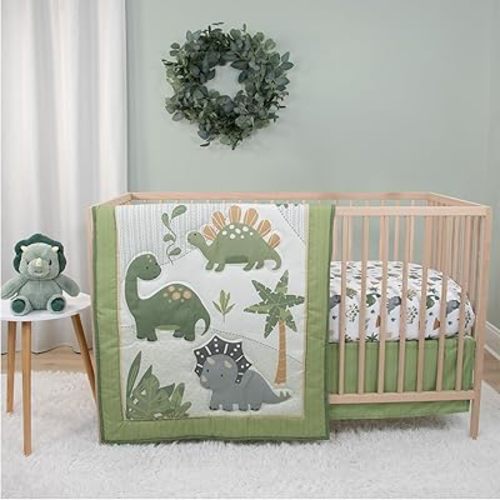 The Peanutshell 4 Piece Baby Crib Bedding Set for Boys - Newborn, Infant & Toddler Nursery Bed Set with Fitted Crib Sheet, Dust Ruffle Comforter, Dinosaur Plush Toy - Dino Nursery Decor
