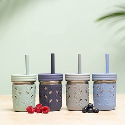 Elk and Friends Stainless Steel Cups | 10 oz Mason Jar design | Kids & Toddler Cups with Silicone Sleeves & Straws with Stopper | Smoothie Cups