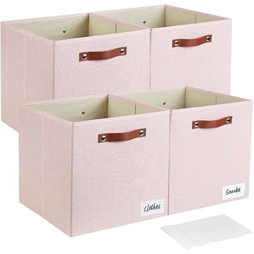 Collapsible Fabric Storage Cube Bins with 2 Reinforced PU Handles, Foldable Storage Organizer Baskets for Closet, Shelves, Living Room | 13"x13"x13", 4 Pack, Full Pink