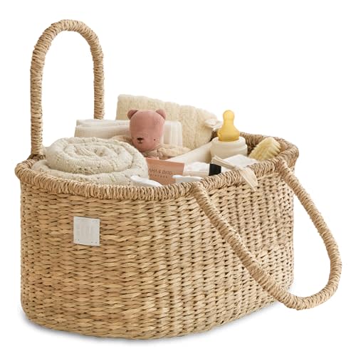 BEBE BASK Premium Baby Diaper Caddy Organizer - Artisan-Made Seagrass Basket With Cotton Divider - Award-Winning & Luxury Diaper Caddy Basket (ROSA)