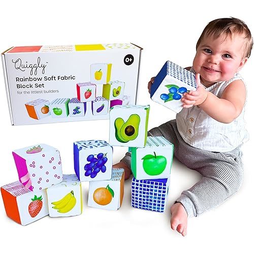 Quiggly Rainbow Soft Baby Blocks - 8 Colorful, Montessori Sensory Blocks for Babies & Toddlers- 100% Cotton, Non-Toxic Play Set with Rattle, Crinkle, Textures- Stacking Building Blocks for 3-12 Months