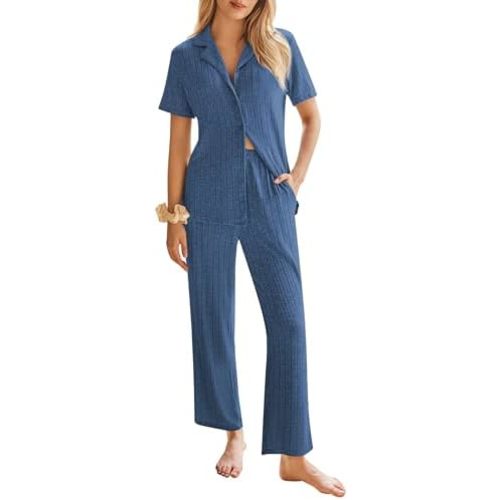 Ekouaer Womens Rib Knit Pajamas Button Up Lounge Sets Short Sleeve Top and Long Pants Matching Pjs Sleepwear Loungewear