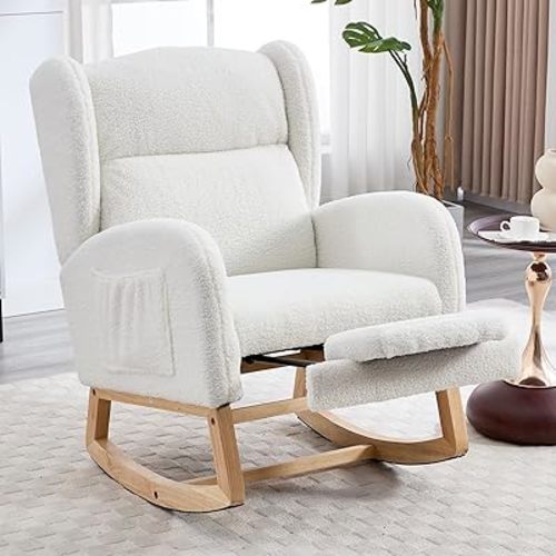 NIOIIKIT Oversized Nursery Rocking Chair with Footrest, Teddy Upholstered Glider, Rocker with Side Pocket, Accent Reading Chair for Living Room & Nursing, White Teddy