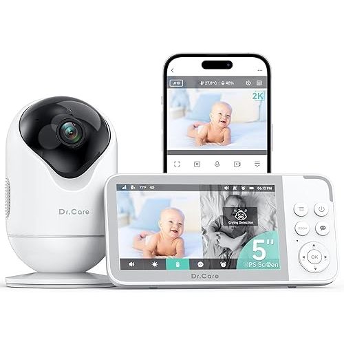 VistaView Smart WiFi Baby Monitor - 5” 1080P Split Screen & 2K Camera App Control, Cry & Motion Alerts, HD Night Vision, 5000mAh Battery, 2-Way Talk, Multi-User, Triple Security, 1279ft Range