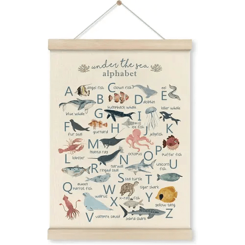 HRQKO Ocean Alphabet Poster Hanger Frame, Ocean Nursery Decor, Sea Animal Wall Decor, ABC Poster Wall Art with Wooden Frames, Alphabet Banner Wall Hanging Decor for Classroom Kids Playroom,12x16 Inch