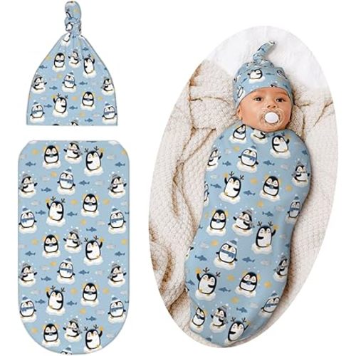 Penguin Swaddle Blanket, Unisex Baby Stuff, Soft Sleeping Bag Sack, Winter Penguin Fish Baby Items Stuff