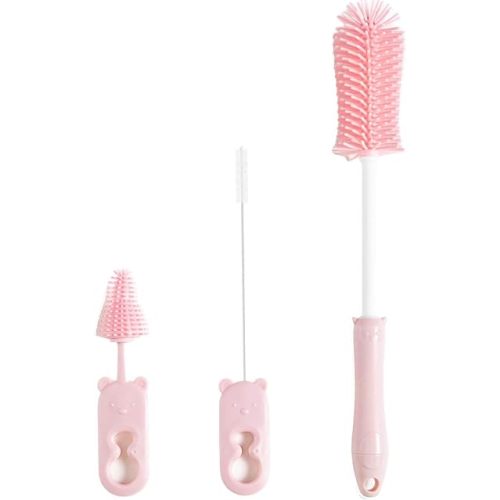 3 in 1 Baby Bottle Brush Cleaning Set, 13.4" Long Handle Bottle Brush Cleaner, Including Silicone Bottle Brush, Nipple Brush, Straw Brush, BPA-Free, Newborn Baby Essentials Must-Haves (Pink)