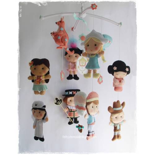 Baby Mobile Its a Small World Nursery Decor Bedding Hanging Tolerance Handmade Cowboy British Beefeater Greek Boy Qatari Boy Geisha Pastel