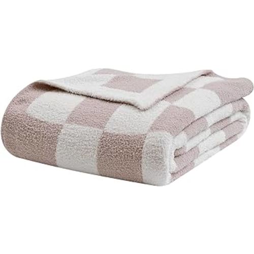 Fuzzy Checkerboard Grid Throw Blanket Soft Cozy Warm Microfiber All Season Blanket Decor for Couch Sofa Bed Travel Home (Cream, 50''x60'')