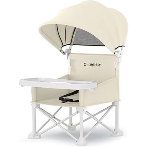 Cochildor 4-in-1 Portable Baby Chair, Foldable Toddler Booster Seat with Removable Tray, Canopy & Safety Harness, Beige