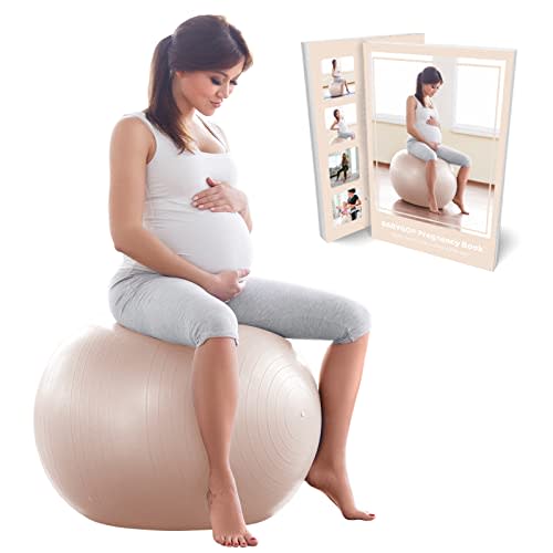 BABYGO Birthing Ball - Pregnancy Yoga Stability Anti Burst & Book Set ; Trimester Targeting Exercise, Maternity, Physio, Labor Birth & Recovery Plan Included ; Eco Friendly Material 65cm 75cm + Pump